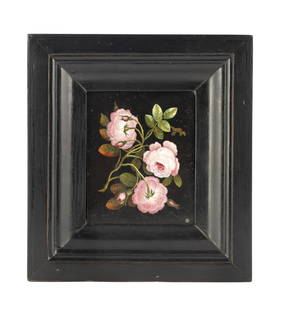 A 19TH CENTURY ITALIAN MICRO MOSAIC PANEL: A 19TH CENTURY ITALIAN MICRO MOSAIC PANEL finely inlaid depicting a rose branch on a black marble plaque in an ebonised moulded frame. (26.5cm high, 24cm wide)