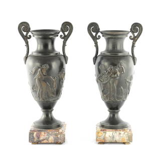 A PAIR OF 19TH CENTURY GRAND TOUR PATINATED BRONZE VASES: A PAIR OF 19TH CENTURY GRAND TOUR PATINATED BRONZE URN VASES, having scrolled acanthus leaf handles and relief figural bodies raised on square marble bases. (521.5cm high )
