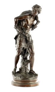 MATHURIN MOREAU (1822 - 1912). A LATE 19TH CENTURY BRONZE STATUE, "LE CHASSEUR (THE HUNTER): MATHURIN MOREAU (1822 - 1912). A LATE 19TH CENTURY BRONZE STATUE, "LE CHASSEUR (THE HUNTER) on revolving base - signed and with foundry mark seal (60cm high)