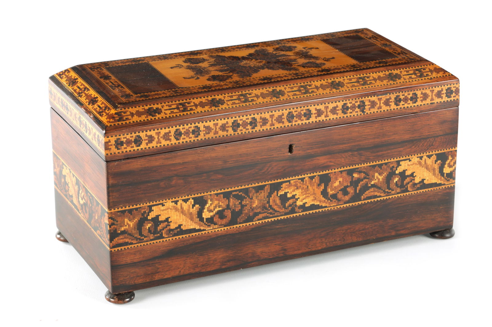 A LARGE 19TH CENTURY TUNBRIDGE WARE TEA CADDY (1 of 14)