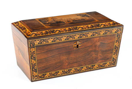 A 19TH CENTURY TUNBRIDGE WARE TEA CADDY: A 19TH CENTURY TUNBRIDGE WARE TEA CADDY, the rosewood veneered box of sarcophagol form having inlaid borders, the hinged lid depicting Eridge Castle opening to reveal two lidded compartments. (25.5cm