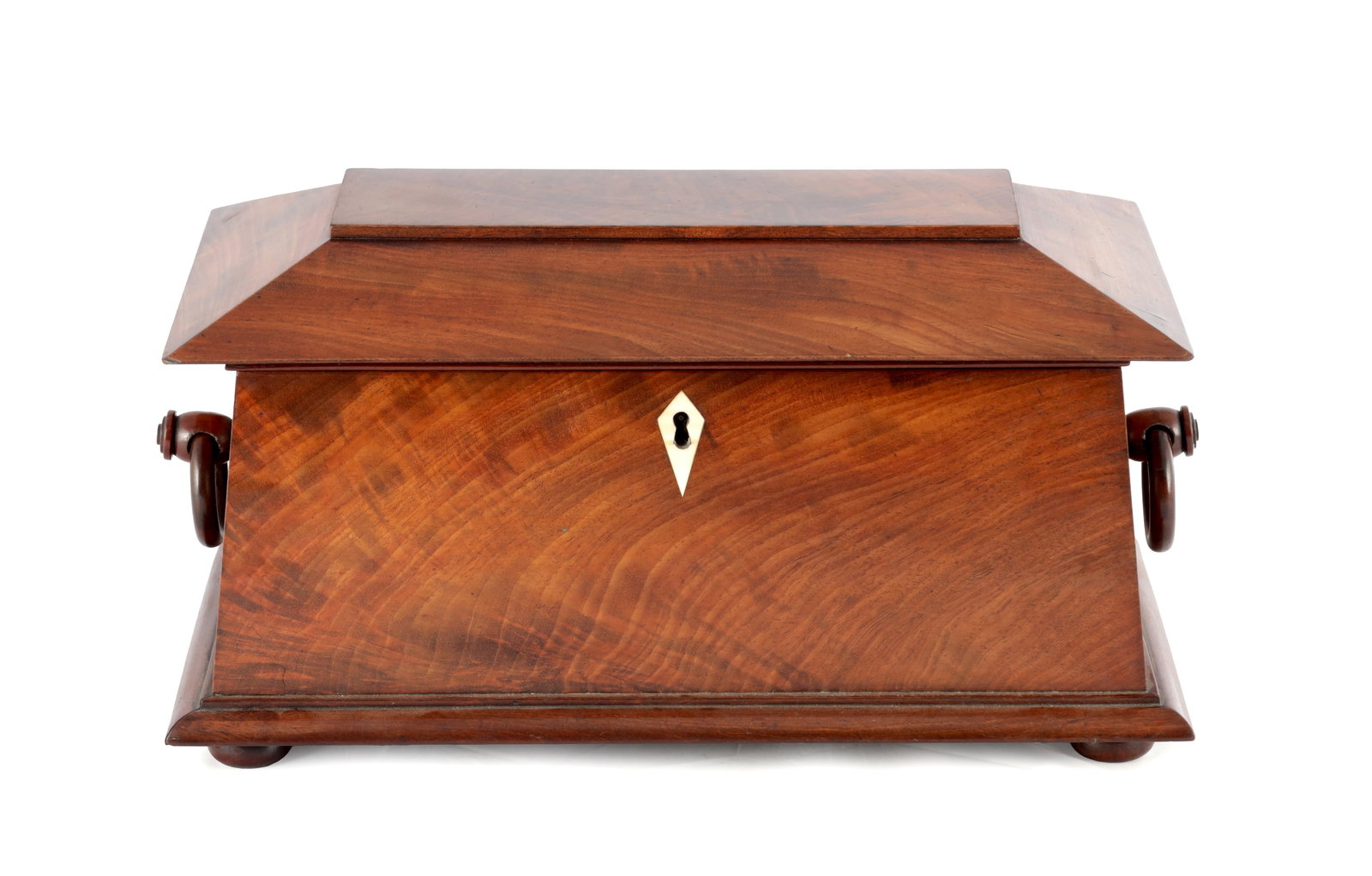 A MID 19TH CENTURY FIGURED MAHOGANY SARCOPHAGUS SHAPED TEA CADDY (1 of 14)