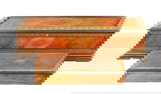 AN OVERSIZED 19TH CENTURY SWISS MECHANICAL MUSIC BOX: AN OVERSIZED 19TH CENTURY SWISS MECHANICAL MUSIC BOX, the kingwood veneered case with Tunbridge style micro mosaics inlaid panels and ebonised mouldings enclosing a double spring barrelled movement wi