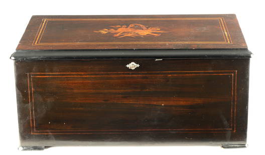 A 19TH CENTURY SWISS ORCHESTRAL MECHANICAL MUSIC BOX: A 19TH CENTURY SWISS ORCHESTRAL MECHANICAL MUSIC BOX, having a rosewood inlaid case, original song sheet to the inner lid, the spring-driven pin barrel playing ten airs on a steel comb, five bells, an