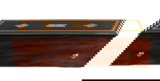 A 19TH CENTURY SWISS KEY WOUND SIX AIRS HARP/ZITHER MECHANICAL MUSIC BOX: A 19TH CENTURY SWISS KEY WOUND SIX AIRS HARP/ZITHER MECHANICAL MUSIC BOX the inlaid ebonised lid bearing the original label on the underside, opening to reveal a brass cylinder and steel comb run on a