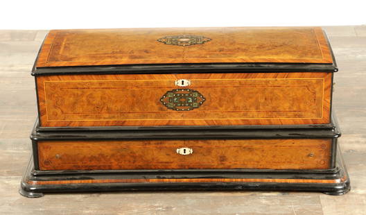 A LARGE 19TH CENTURY SWISS INTERCHANGEABLE MECHANICAL MUSIC BOX: A LARGE 19TH CENTURY SWISS INTERCHANGEABLE MECHANICAL MUSIC BOX, the burr walnut cabinet having kingwood crossbanding and inlaid panels enclosing a spring driven brass pin barrel playing eight tunes o