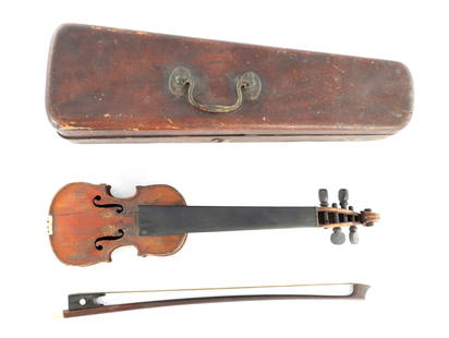 AN EARLY CASED POCHETTE MINIATURE VIOLIN WITH BOW: AN EARLY CASED POCHETTE MINIATURE VIOLIN WITH BOW, having a two-piece back and ebony fingerboard, the original wooden with baize lining and original bow with ebony front and mother-of-pearl eye.