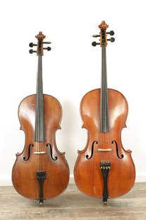 TWO ANTIQUE GERMAN CELLOS: TWO ANTIQUE GERMAN CELLOS both with two piece backs, lengths of backs 676mm and 698mm (109.5cm and 115cm overall)