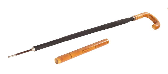 AN EARLY 20TH CENTURY SIMULATED BAMBOO TELESCOPIC UMBRELLA WALKING STICK: AN EARLY 20TH CENTURY SIMULATED BAMBOO TELESCOPIC UMBRELLA WALKING STICK with crook handle and bayonet-fitted umbrella mechanism, sheathed by a collapsible cover. (89cm long)