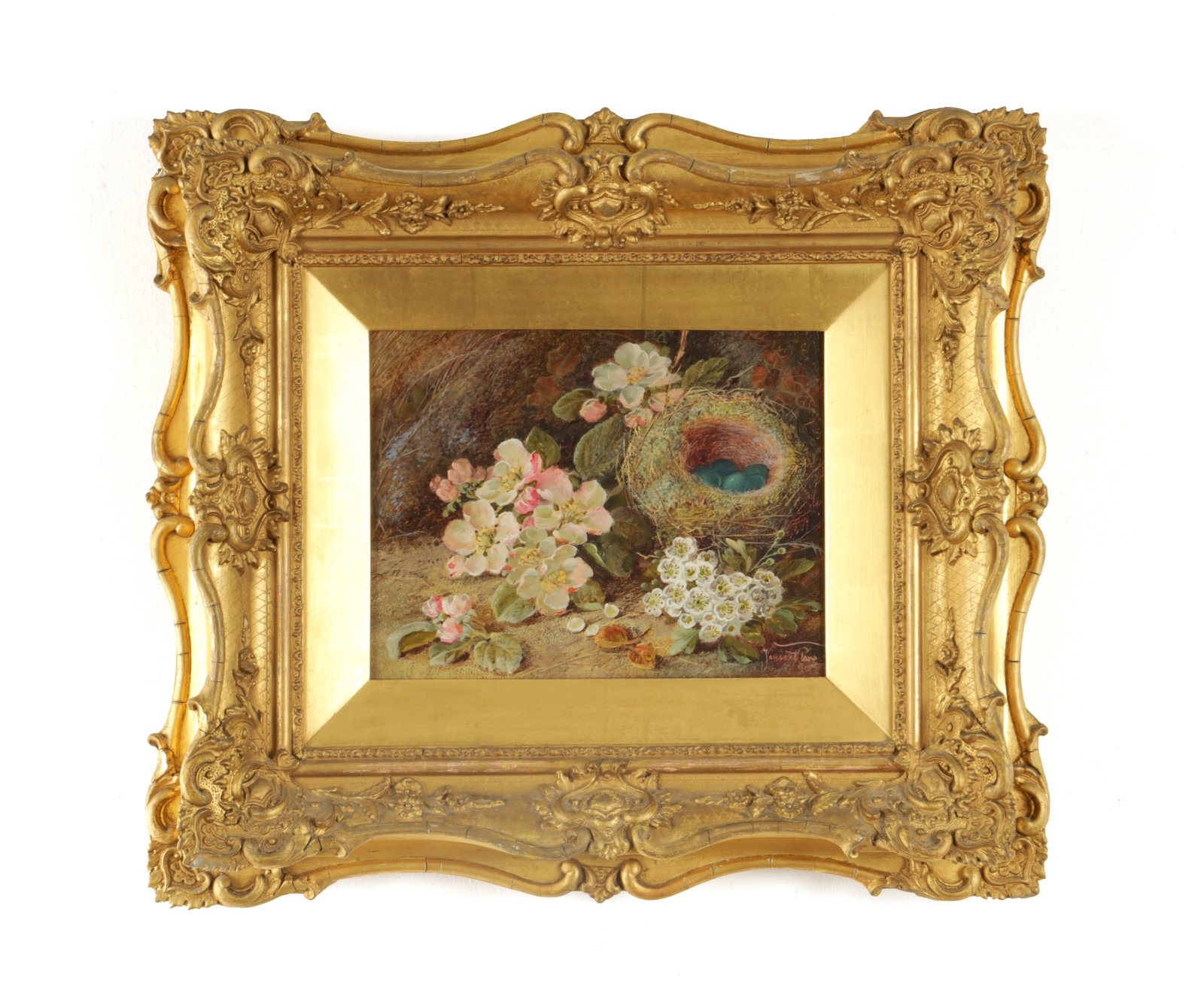 VINCENT CLARE (1855 - 1930). A LATE 19TH / EARLY 20TH CENTURY OIL ON CANVAS STILL LIFE: VINCENT CLARE (1855 - 1930). A LATE 19TH / EARLY 20TH CENTURY OIL ON CANVAS STILL LIFE depicting flowers and bird nest - signed, in gilt swept frame (16cm high 21cm wide )