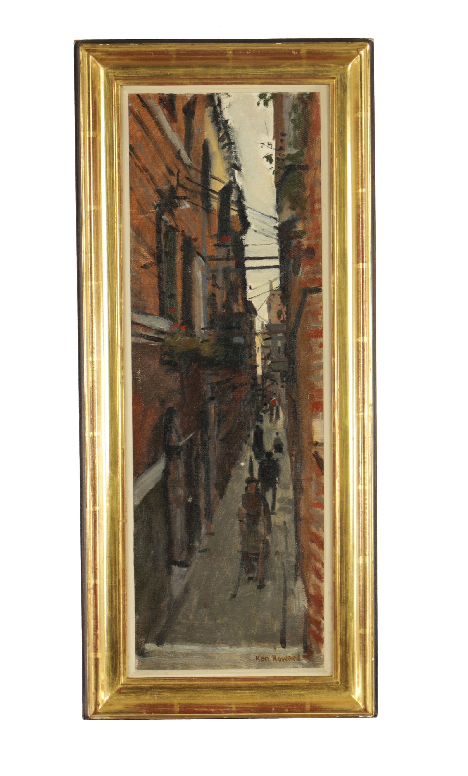 KEN HOWARD OBE (1932-2022). A 20TH CENTURY OIL ON CANVAS " NARROW STREET, VENICE": KEN HOWARD OBE (1932-2022). A 20TH CENTURY OIL ON CANVAS " NARROW STREET, VENICE" bearing exhibition label on reverse for Wildenstein & Co. Ltd. label dated 1976, Cat no. 40 - signed, mounted in gilt