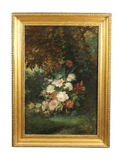 AUGUSTE JOSEPH DELESSARD. A LARGE 19TH CENTURY OIL ON CANVAS: AUGUSTE JOSEPH DELESSARD. A LARGE 19TH CENTURY OIL ON CANVAS, of blossoming flowers in a woodland landscape, signed lower right - in gilt moulded frame (112cm high, 75cm wide)