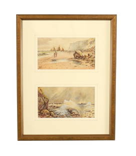 MYLES BIRKET FOSTER (1825-1899) A PAIR OF WATERCOLOUR SKETCHES: MYLES BIRKET FOSTER (1825-1899) A PAIR OF WATERCOLOUR SKETCHES depicting coastal scenes - mounted in glazed gilt frames, signed. (8cm high 15cm wide)