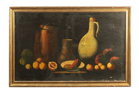 A LARGE 19TH CENTURY STILL LIFE OIL ON CANVAS: A LARGE 19TH CENTURY STILL LIFE OIL ON CANVAS, with apples and pomegranates - in gilt moulded frame (80cm high, 129cm wide)