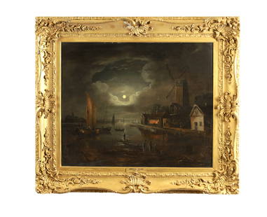 A LARGE 19TH CENTURY OIL ON CANVAS AFTER ABRAHAM PETHER: A LARGE 19TH CENTURY OIL ON CANVAS AFTER ABRAHAM PETHER, moonlit harbour scene. - in gilt swept frame (62cm high, 74.5cm wide)