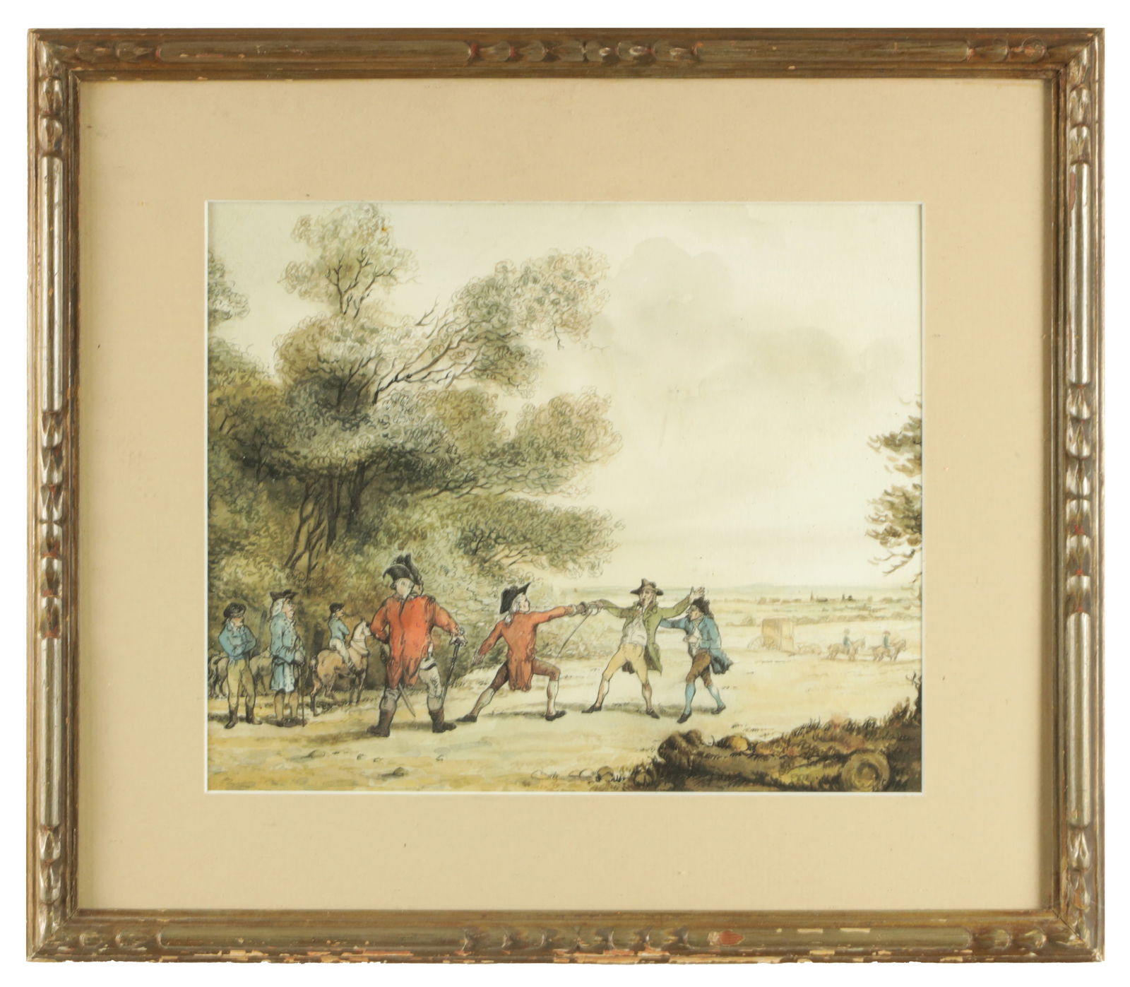 ATT. JOHN THOMSON OF DUDDINGTON. AN 18TH CENTURY WATERCOLOUR "A GENTLEMAN'S DUEL": ATT. JOHN THOMSON OF DUDDINGTON. AN 18TH CENTURY WATERCOLOUR "A GENTLEMAN'S DUEL" unsigned in glazed gilt frame (23cm high 29cm wide )