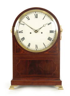 A LATE REGENCY INLAID MAHOGANY ARCH TOPPED DOUBLE FUSEE BRACKET CLOCK: A LATE REGENCY INLAID MAHOGANY ARCH TOPPED DOUBLE FUSEE BRACKET CLOCK with enamel Roman numeral convex dial, fronting a double fusee with engraved back plate and anchor escapement striking the hours o