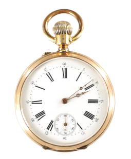 A 14CT GOLD OPEN FACED ANNUAL CALENDAR MOONPHASE POCKET WATCH: A 14CT GOLD OPEN FACED ANNUAL CALENDAR MOONPHASE POCKET WATCH, the engine turned case with hinged back cover enclosing a gilt and silvered calendar dial with moonphase centre, the reverse having a whi