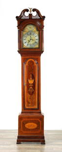 JAMES CHATER, LONDON. A GEORGE III INLAID MAHOGANY LONGCASE CLOCK: JAMES CHATER, LONDON. A GEORGE III INLAID MAHOGANY LONGCASE CLOCK, having a pierced swan neck pediment above a glazed door and reeded columns on a slender trunk with an oval panel centred by inlaid ur