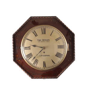 THOMAS HOWARD, LIVERPOOL. A MID 19TH CENTURY BRASS INLAID MAHOGANY FUSEE WALL CLOCK: THOMAS HOWARD, LIVERPOOL. A MID 19TH CENTURY BRASS INLAID MAHOGANY FUSEE WALL CLOCK, the octagonal case with carved moulded edge and cast brass bezel surrounding a 12" convex painted dial with Roman n
