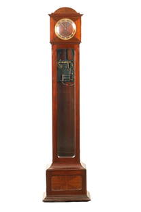 A MAHOGANY CASED ELECTRIC FLOOR STANDING MASTER CLOCK: A MAHOGANY CASED ELECTRIC FLOOR STANDING MASTER CLOCK, with glazed door enclosing an electric movement with a heavy brass cylindrical bob pendulum. (167cdm high)