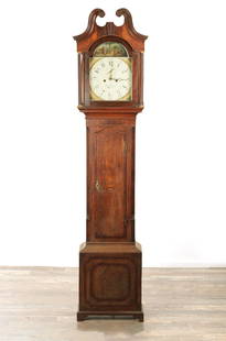 RICHARD HERRING, NEWARK. A LATE GEORGE III AUTOMATION LONGCASE CLOCK: RICHARD HERRING, NEWARK. A LATE GEORGE III AUTOMATION LONGCASE CLOCK, having an oak and mahogany inlaid case with swan neck pediment enclosing a 12" arched painted dial with Arabic numerals surroundin