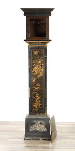 AN 18TH CENTURY CHINOISERIE DECORATED LAQUERED LONGCASE CLOCK CASE IN NEED OF RESTORATION: AN 18TH CENTURY CHINOISERIE DECORATED LAQUERED longcase CLOCK CASE IN NEED OF RESTORATION with hood door missing (211cm high)