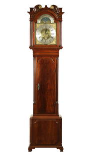JOHN WYKE, LIVERPOOL. A GEORGE III FIGURED MAHOGANY 8 DAY MOON DIAL LONGCASE CLOCK: JOHN WYKE, LIVERPOOL. A GEORGE III FIGURED MAHOGANY 8 DAY MOON DIAL LONGCASE CLOCK the 13" arched brass dial with cherubs head Rococo spandrels enclosing a silvered chapter ring with Roman hours and