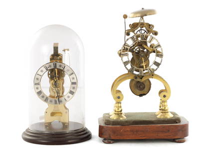 A 19TH CENTURY ENGLISH FUSEE SKELETON CLOCK WITH PASSING STRIKE: A 19TH CENTURY ENGLISH FUSEE SKELETON CLOCK WITH PASSING STRIKE, together with a 20th century skeleton clock. (2) (32.5cm high.)