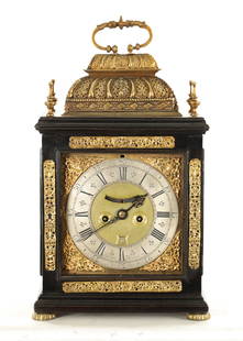 STEPHEN ASSELIN, LONDON. A LATE 17TH CENTURY EBONISED DOUBLE BASKET TOP EIGHT-DAY VERGE BRACKET: STEPHEN ASSELIN, LONDON. A LATE 17TH CENTURY EBONISED DOUBLE BASKET TOP EIGHT-DAY VERGE BRACKET CLOCK the pierced double basket with leaf cast folding handle above pressed brass panelled hinged door