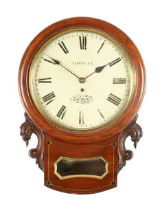 J. DAYKIN, SKIPTON. A LATE REGENCY BRASS INLAID MAHOGANY DROP DIAL FUSEE DIAL CLOCK: J. DAYKIN, SKIPTON. A LATE REGENCY BRASS INLAID MAHOGANY DROP DIAL FUSEE DIAL CLOCK with pendulum aperture and leaf-carved ears above a spun brass bezel with 12" painted flat Roman dial fronting an