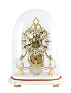 A 19TH CENTURY ENGLISH FUSEE SKELETON CLOCK: A 19TH CENTURY ENGLISH FUSEE SKELETON CLOCK, having a pierced silvered Roman chapter ring fronting a scroll work brass frames enclosing an eight day chain driven fusee movement with anchor escapement