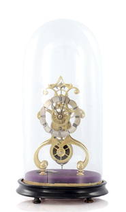 T & J OLLIVANT MANCHESTER. A 19TH CENTURY ENGLISH SINGLE FUSEE SKELETON CLOCK: T & J OLLIVANT MANCHESTER. A 19TH CENTURY ENGLISH SINGLE FUSEE SKELETON CLOCK with a shaped frame and six turned pillars having five-spoke wheelwork and a signed silvered chapter ring - under a glass