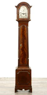 JOHN BRYAN, LONDON. A LATE 19TH CENTURY FIGURED MAHOGANY WEIGHT DRIVEN MINIATURE LONGCASE CLOCK: JOHN BRYAN, LONDON. A LATE 19TH CENTURY FIGURED MAHOGANY WEIGHT DRIVEN MINIATURE LONGCASE CLOCK, The arched glazed hood with brass mounted reeded columns above a slender tapering trunk on panelled