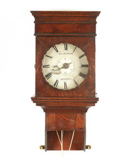 THOMAS NICKOLDS, SHIFFNAL. A LATE GEORGE III HOODED WALL CLOCK: THOMAS NICKOLDS, SHIFFNAL. A LATE GEORGE III HOODED WALL CLOCK, the oak case with sliding hood enclosing a 6 1/4" painted dial with Roman numerals and centre alarm dial fronting a weight driven steel
