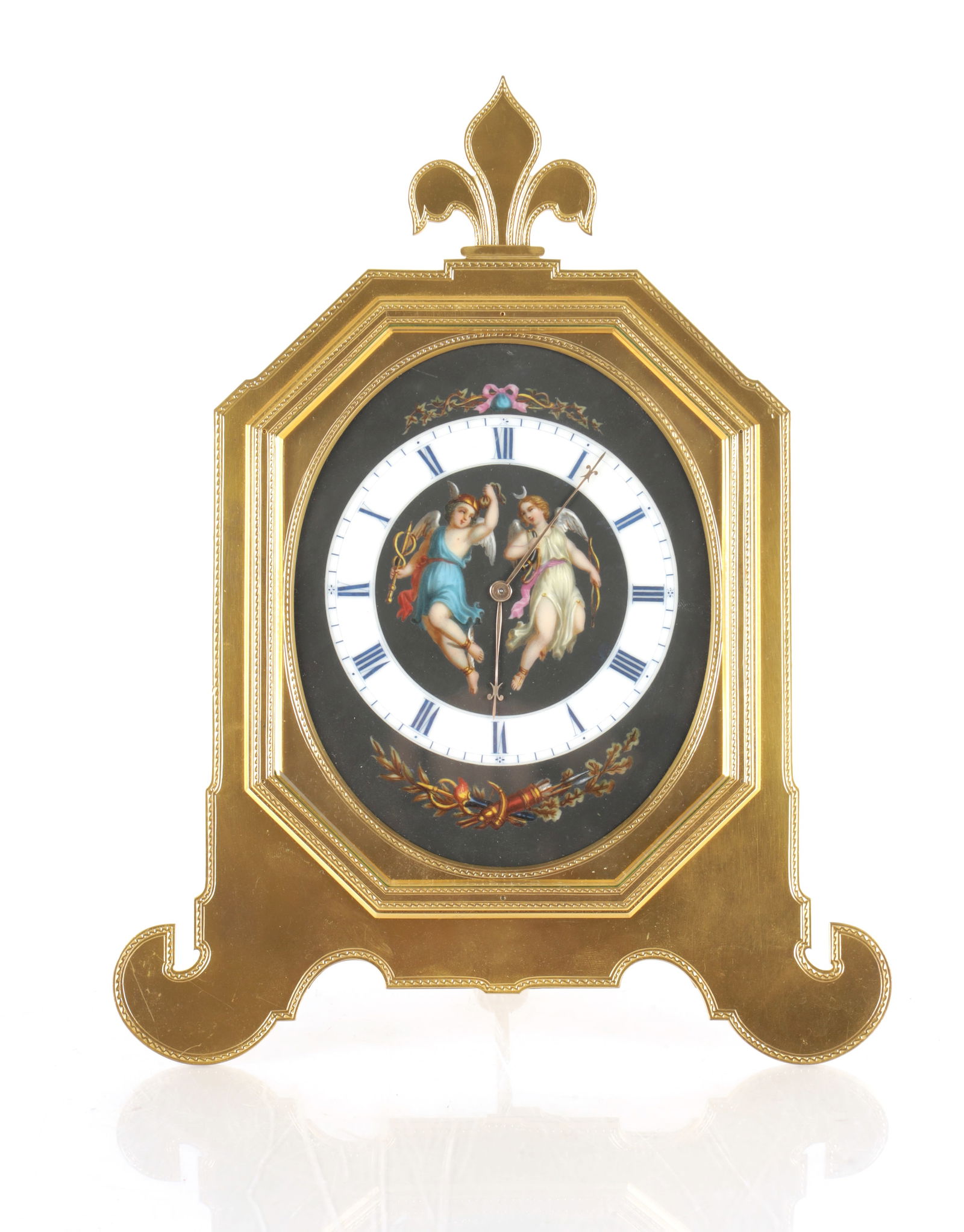 THOMAS COLE. A RARE AND LARGE MID 19TH CENTURY GILT AND PORCELAIN STRUT CLOCK: THOMAS COLE. A RARE AND LARGE MID 19TH CENTURY GILT AND PORCELAIN STRUT CLOCK, the octagonal gilt brass case with engraved borders and fleur-de-lys finial above a glazed panel enclosing an oval painte