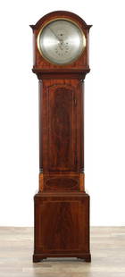 MCFIRTH, STIRLING. A SCOTTISH FIGURED MAHOGANY REGULATOR LONGCASE CLOCK: MCFIRTH, STIRLING. A SCOTTISH FIGURED MAHOGANY REGULATOR LONGCASE CLOCK, the figured mahogany case with arched pediment above a glazed cast brass bezel on slender trunk with reeded quarter column and