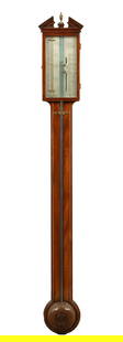 PORTA, NEWCASTLE. A GEORGE III MAHOGANY AND BOXWOOD STRUNG MERCURY STICK BAROMETER: PORTA, NEWCASTLE. A GEORGE III MAHOGANY AND BOXWOOD STRUNG MERCURY STICK BAROMETER with architectural top and turned cistern cover having a silvered calibrated dial and mercury filled tube (98cm high)