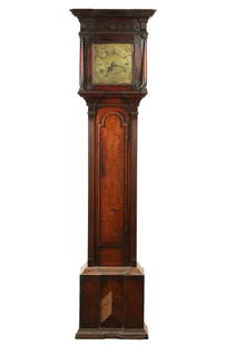 JOHN COATES, CIRENCESTER. AN UNUSUAL MID 18TH CENTURY OAK AND FRUITWOOD CROSS-BANDED 10" LONGCASE: JOHN COATES, CIRENCESTER. AN UNUSUAL MID 18TH CENTURY OAK AND FRUITWOOD CROSS-BANDED 10" LONGCASE CLOCK the 10" brass dial with Roamn chapter ring and engraved dial centre depicting a cottage landscap
