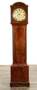 KAISER & KLEYSER, 4 BROAD STREET BLOOMSBURY, A REGENCY FIGURED MAHOGANY LONGCASE CLOCK: KAISER & KLEYSER, 4 BROAD STREET BLOOMSBURY, A REGENCY FIGURED MAHOGANY LONGCASE CLOCK the hood having a break arch pediment and canted corners on matching trunk and box base with moulded panel