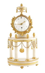 LEPAUTE A PARIS. A 19TH CENTURY FRENCH ORMOLU AND WHITE MARBLE PORTICO MANTEL CLOCK: LEPAUTE A PARIS. A 19TH CENTURY FRENCH ORMOLU AND WHITE MARBLE PORTICO MANTEL CLOCK The bowed openwork columned base with pineapple finials above chain and pendant swagwork drapes supporting a centre