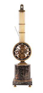 A 20TH CENTURY GILT BRASS AND MARBLE SWINGING MYSTERY CLOCK: A 20TH CENTURY GILT BRASS AND MARBLE SWINGING MYSTERY CLOCK, the stand with cylindrical marble base and gilt brass support having a steel knife edge suspension supporting a gridiron swinging pendulum