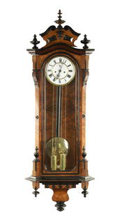 A LATE 19TH CENTURY WALNUT AND EBONISED VIENNA STYLE WALL CLOCK: A LATE 19TH CENTURY WALNUT AND EBONISED VIENNA STYLE WALL CLOCK, the glazed burr walnut case with ebonised mouldings enclosing a 6 1/2" enamel dial with Roman numerals and subsidiary seconds dial