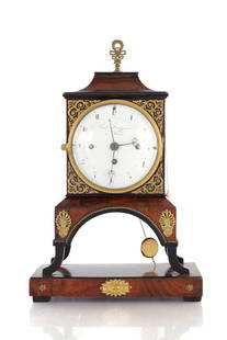 PAUL HARTMANN, IN WIENN. AN AUSTRIAN BIEDERMEIER GRANDE SONNERIE MANTEL CLOCK: PAUL HARTMANN, IN WIENN. AN AUSTRIAN BIEDERMEIER GRANDE SONNERIE MANTEL CLOCK, the ormolu mounted figured mahogany case with bell top pediment and splayed ebonised feet enclosing a 4 1/2" enamel