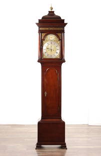 HINDLEY (HENRY) YORK A GEORGE II CUBAN MAHOGANY 8-DAY LONGCASE CLOCK: HINDLEY (HENRY) YORK A GEORGE II CUBAN MAHOGANY 8-DAY LONGCASE CLOCK the arched 12" brass dial with fine rococo spandrels, silvered Roman chapter ring with Arabic minute markings, matted centre and