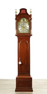 PETER JAQUET, LONDON. A GEORGE III MAHOGANY EIGHT-DAY LONGCASE CLOCK: PETER JAQUET, LONDON. A GEORGE III MAHOGANY EIGHT-DAY LONGCASE CLOCK the 12" brass arched dial with torch cast brass spandrels and silvered Roman chapter ring enclosing a matted centre with name plaqu