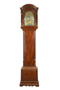 WILLIAM GRANDPRE, LONDON. A GEORGE III MAHOGANY LONGCASE CLOCK: WILLIAM GRANDPRE, LONDON. A GEORGE III MAHOGANY LONGCASE CLOCK, the break arch hood with pierced sound fret above reeded columns on matching trunk with panelled base, the 12" arched brass dial having