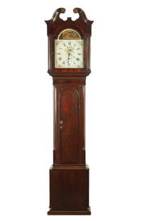 JONAS BARBER, WINSTER. A LATE GEORGE III OAK AND MAHOGANY LONGCASE CLOCK: JONAS BARBER, WINSTER. A LATE GEORGE III OAK AND MAHOGANY LONGCASE CLOCK, the Gillows type case having a swan neck pediment above a glazed door on slender trunk with arched top door and mahogany quart