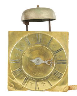 THOMAS FARDON. A SMALL LATE 17TH CENTURY QUAKER 30-HOUR WALL CLOCK: THOMAS FARDON. A SMALL LATE 17TH CENTURY QUAKER 30-HOUR WALL CLOCK, the plain 6 1/2" square brass dial with Roman chapter ring fronting a posted brass weight driven movement with anchor escapement and