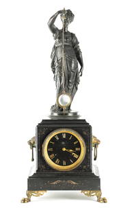 A.R. GUILMET. A 19TH CENTURY FRENCH FIGURAL MYSTERY SWINGING MANTEL CLOCK: A.R. GUILMET. A 19TH CENTURY FRENCH FIGURAL MYSTERY SWINGING MANTEL CLOCK, surmounted by a classical maiden holding a brass pendulum with glass bob, the marble case with gilt engraved decoration and g